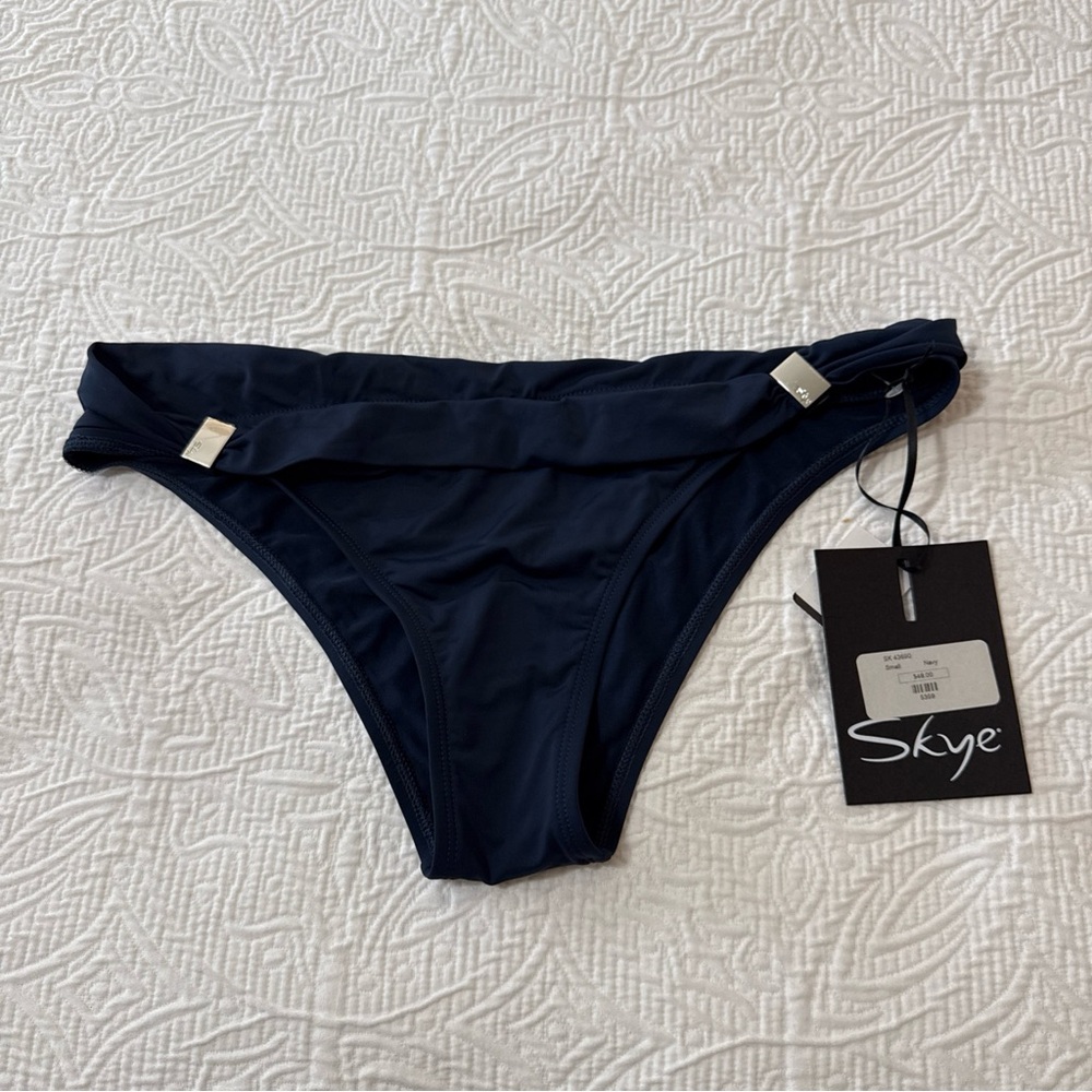 NWT Skye By the Sea Logo Side Navy Blue Bikini Bottom Sz Small Orig $48‎